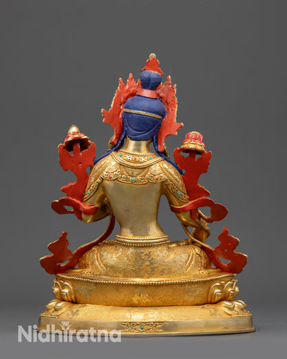 Back view of White Tara Statue showcasing carved lotus seat and intricate jewelry patterns