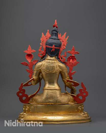 Back view of White Tara Statue showing carved lotus jewelry patterns
