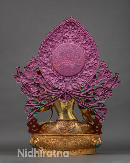 Back view of White Tara sculpture, lotus seat with carved patterns and intricate details