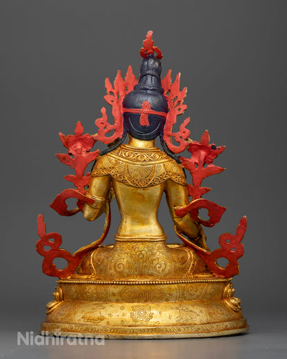 Back view of White Tara sculpture on lotus throne, authentic Nepalese Buddhist artwork