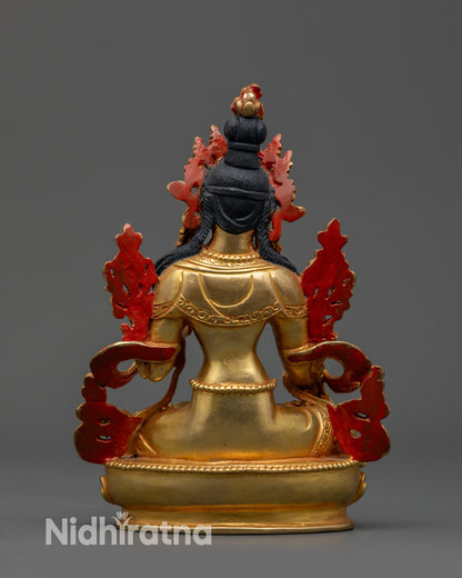 Back view of White Tara statue highlighting traditional Himalayan artistry and design