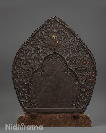 Back view of Yamantaka Statue highlighting blazing halo and intricate carvings