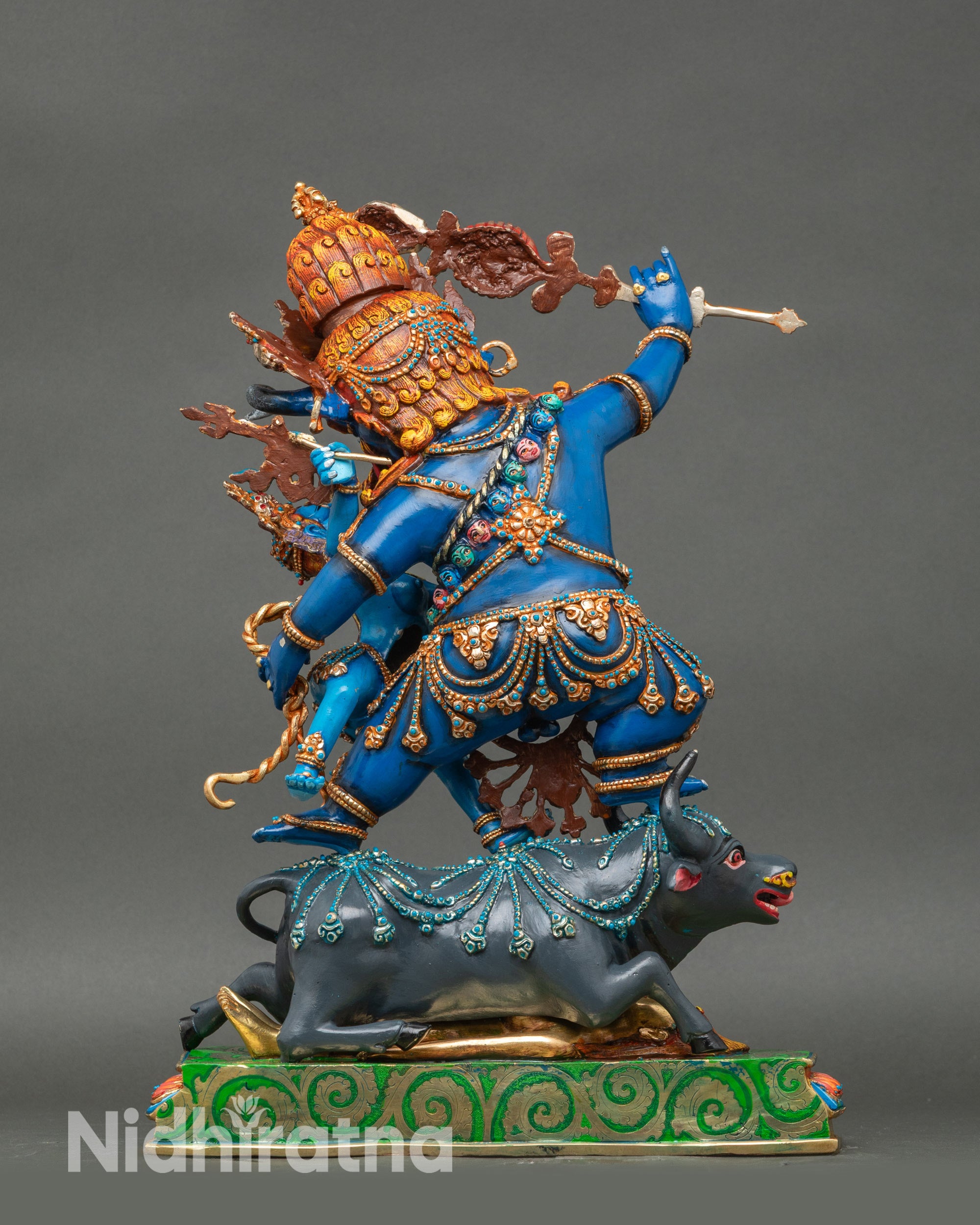 Back view of Yamantaka Statue revealing engraved details, buffalo mount, and craftsmanship