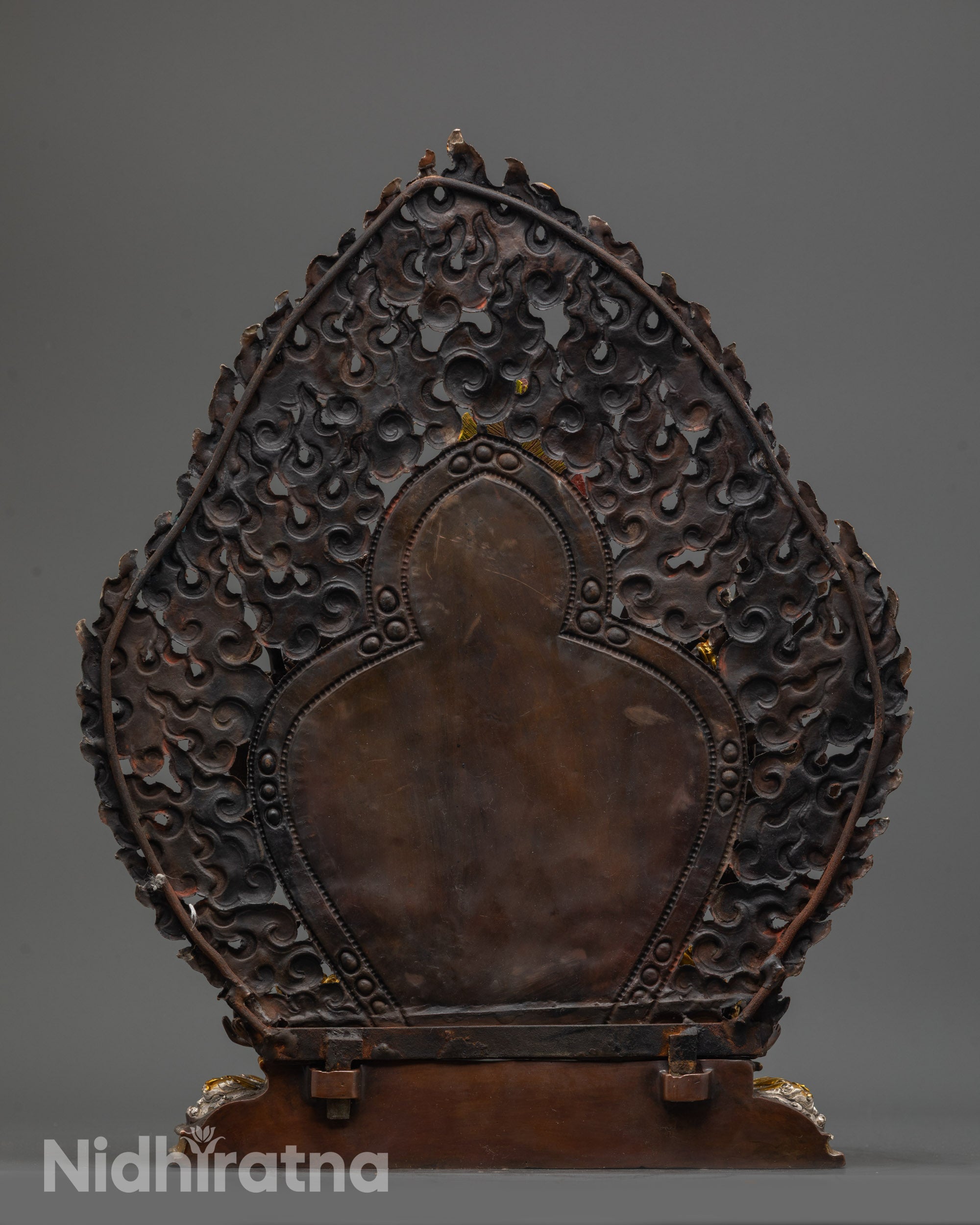 Back view of Yamantaka Statue with blazing halo and detailed carving by Nepalese artisans