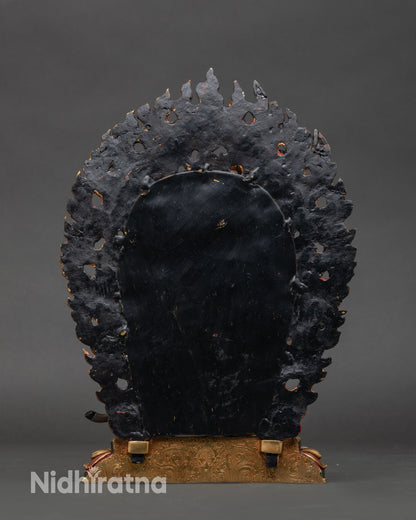 Back view of Yamantaka union statue with detailed ornaments and buffalo figure
