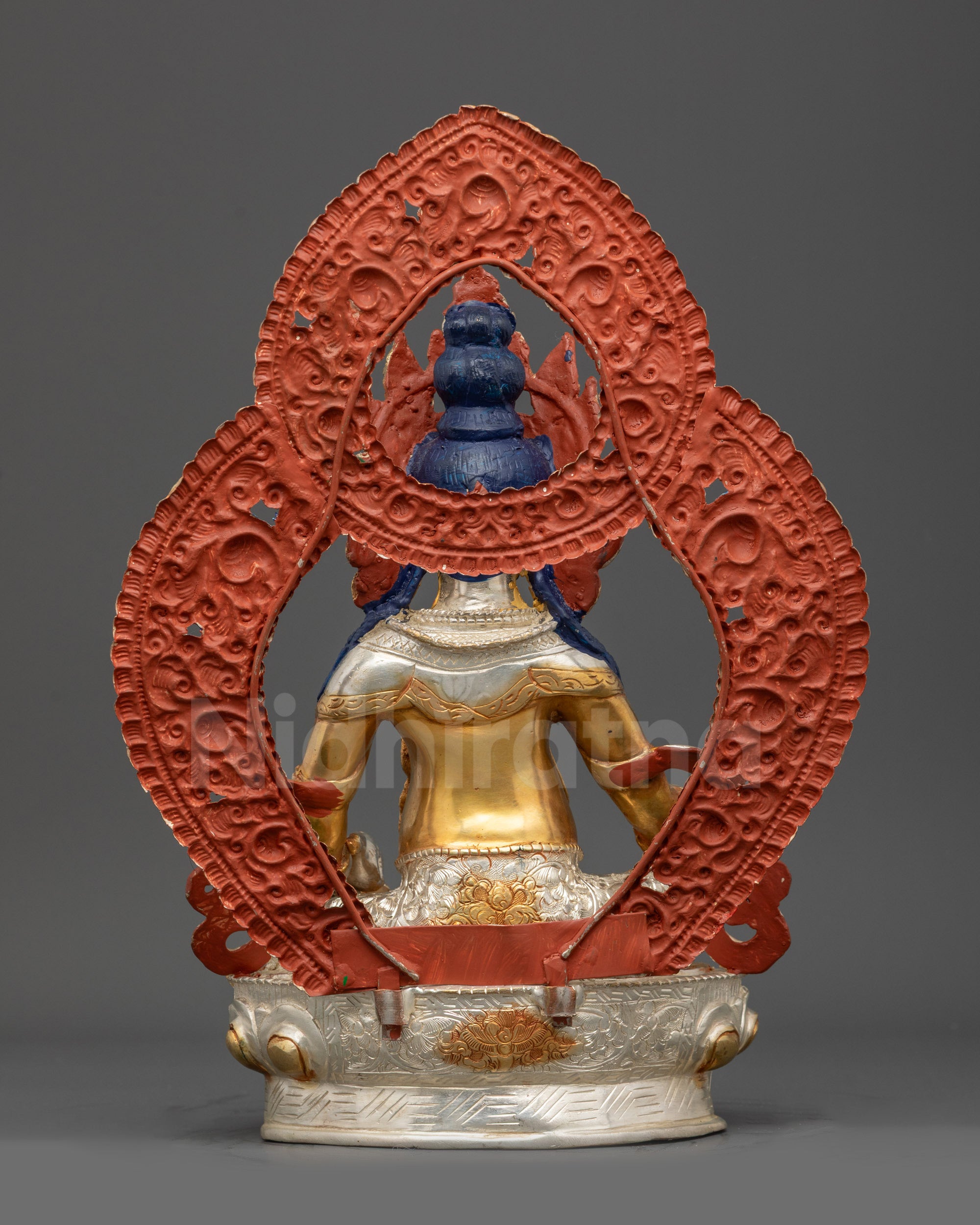 Back view of Yellow Dzambhala Statue showing robes, lotus throne, and hand-painted halo