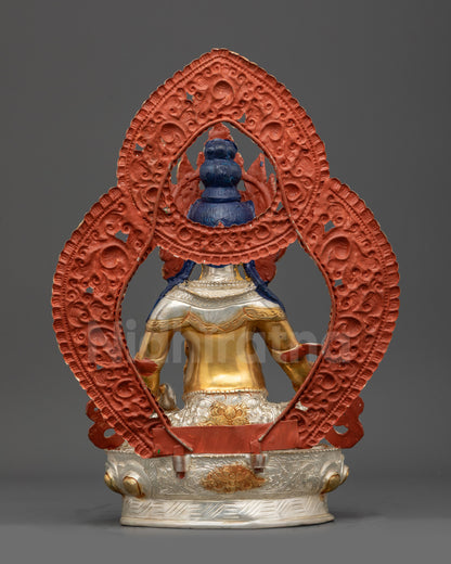 Back view of Yellow Dzambhala Statue showing robes, lotus throne, and hand-painted halo