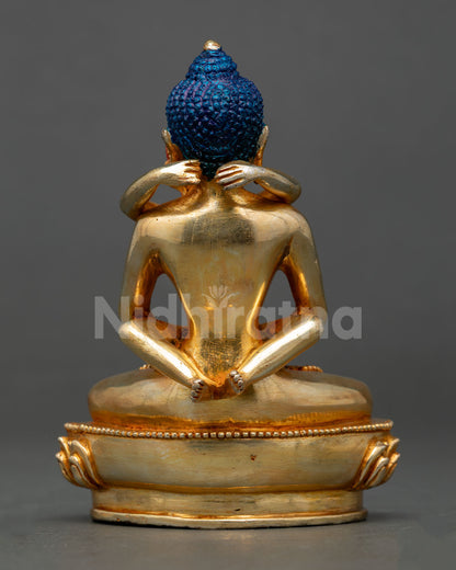 Back view of a handmade Samantabhadra Consort Statue showcasing traditional Newari artisan metal craftsmanship from Patan, Nepal
