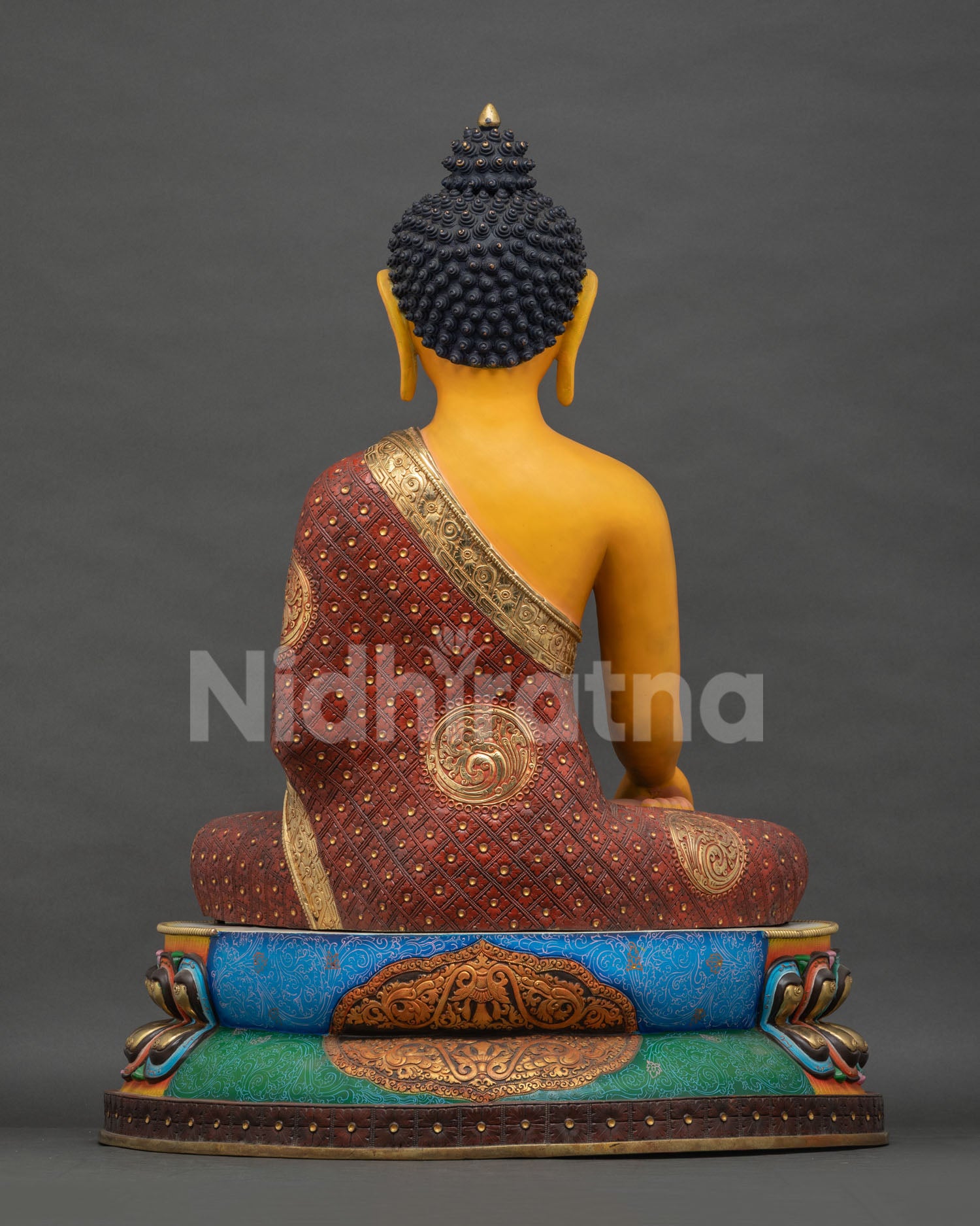 Back view of handcrafted Shakyamuni Buddha statue, gold-gilded copper, Nepal craftsmanship