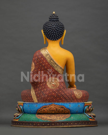 Back view of handcrafted Shakyamuni Buddha statue, gold-gilded copper, Nepal craftsmanship