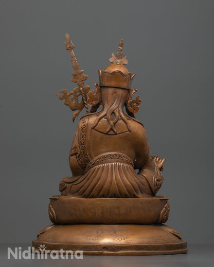 Back view of double-layered lotus seat on Guru Padmasambhava oxidized copper statue
