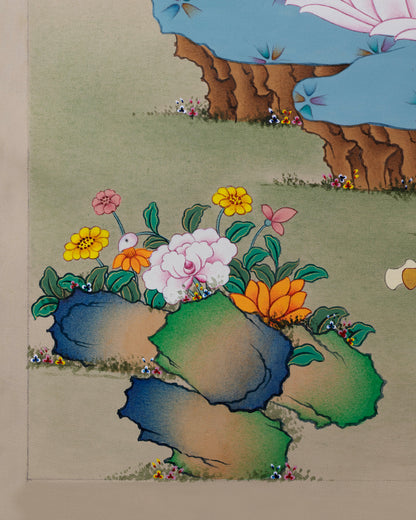 Back view of framed Chenrezig Thangka print perfect for meditation spaces and sacred décor