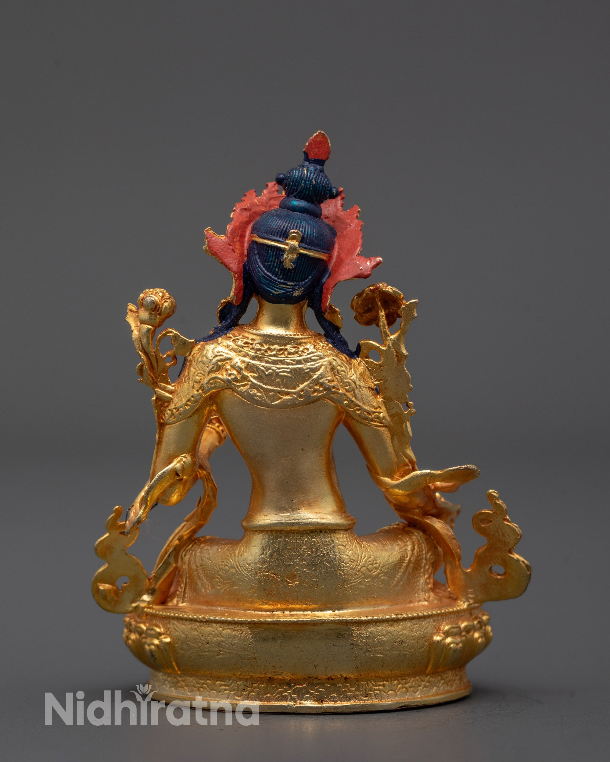 Back view of gold-gilded Green Tara statue showing electroplated gold-plated finish