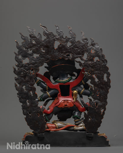 Back view of hand-carved Six-Armed Mahakala Statue highlighting intricate details