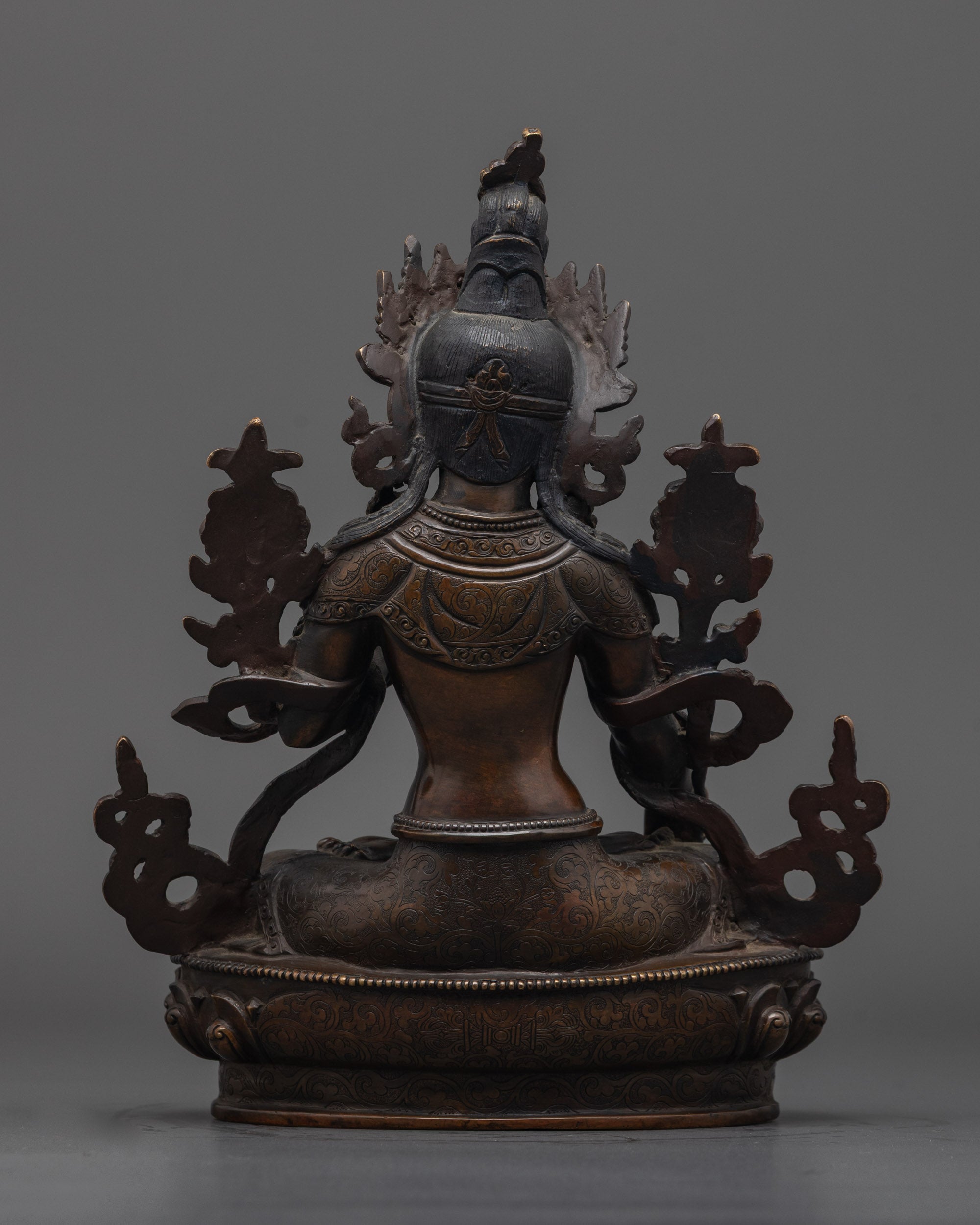 Back view of hand-carved White Tara Statue highlighting detailed craftsmanship