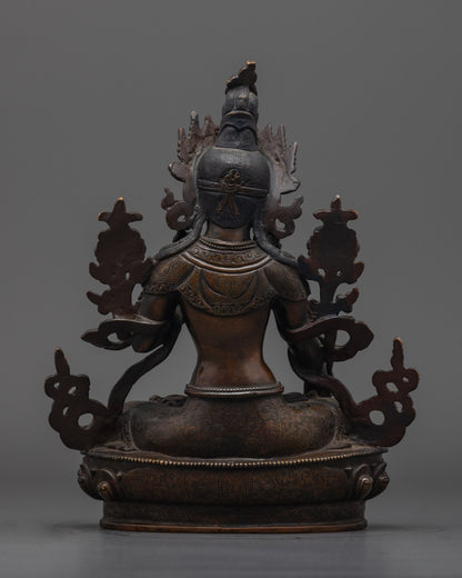 Back view of hand-carved White Tara Statue highlighting detailed craftsmanship