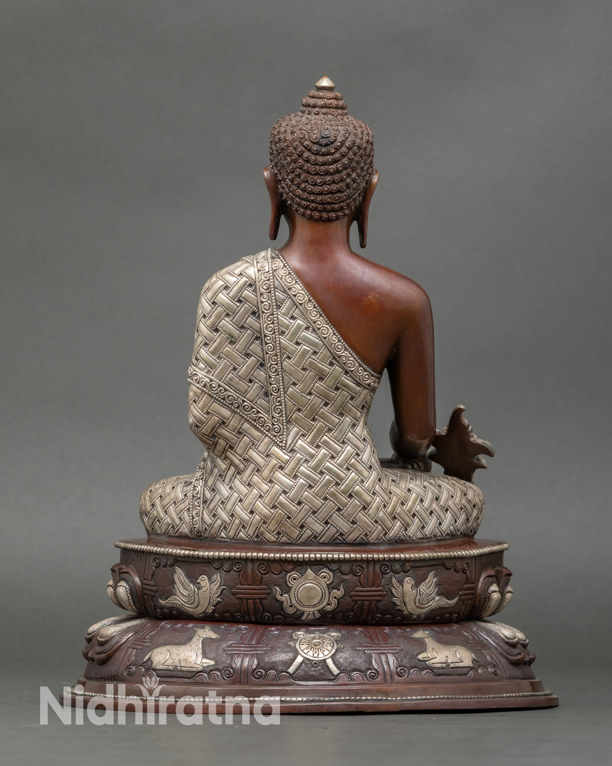 Back view of handcrafted Buddha of Healing, copper and silver-plated, meditation decor