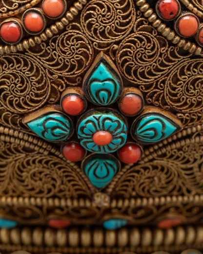 Back view of handcrafted Buddhist tea vessel with spiritual symbolism
