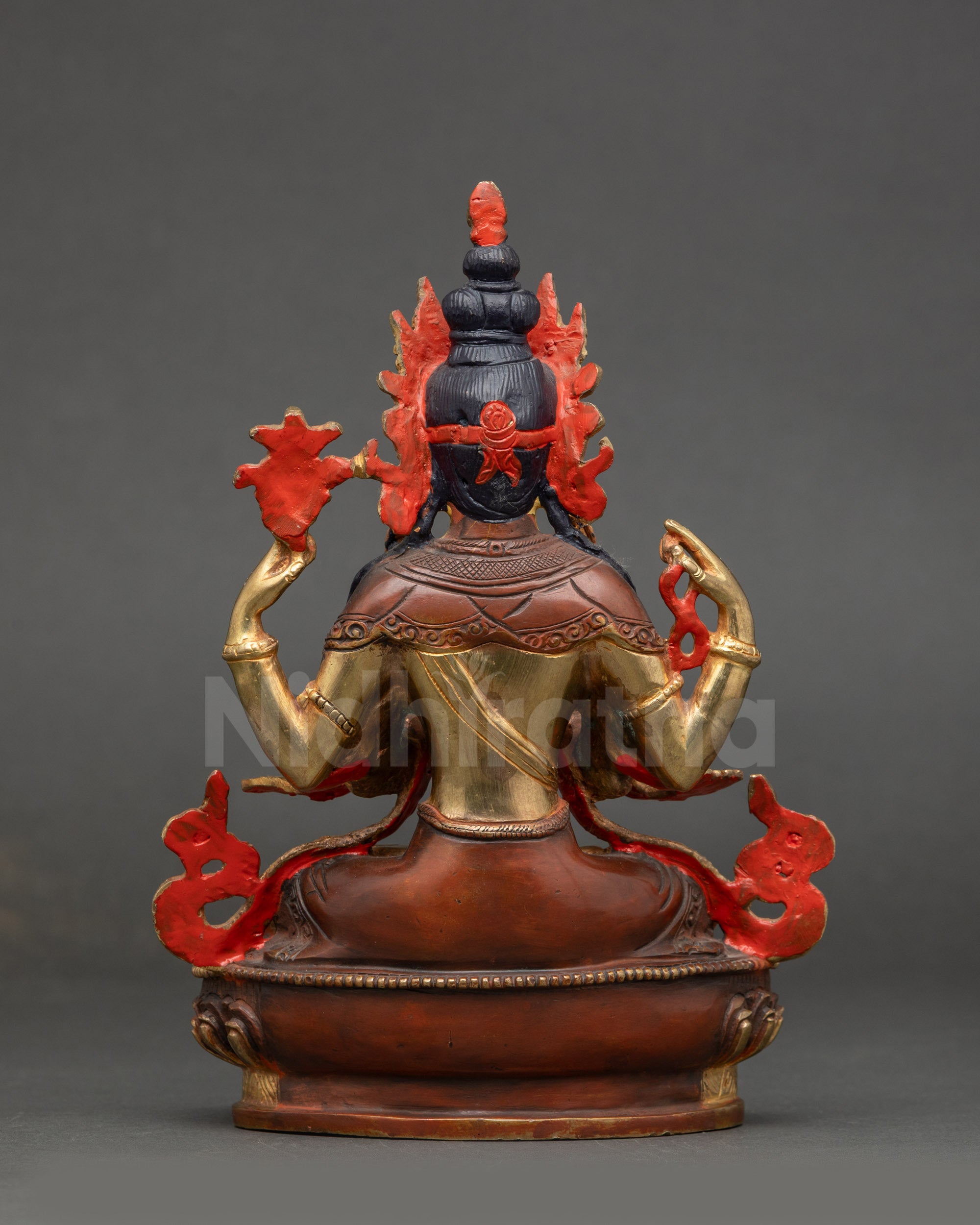 Back view of handcrafted Chenrezig Bodhisattva sculpture Nepalese Newari artwork