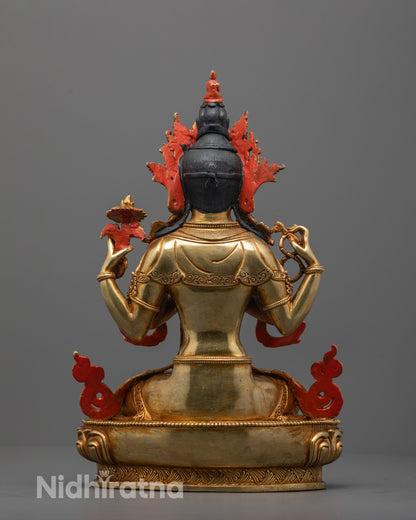 Back view of handcrafted Chenrezig statue highlighting lost wax casting technique details
