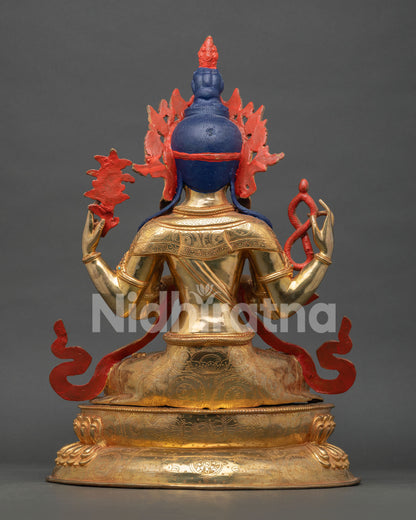Back view of handcrafted Chenrezig statue with detailed robes, lotus throne, and traditional Nepalese artistry