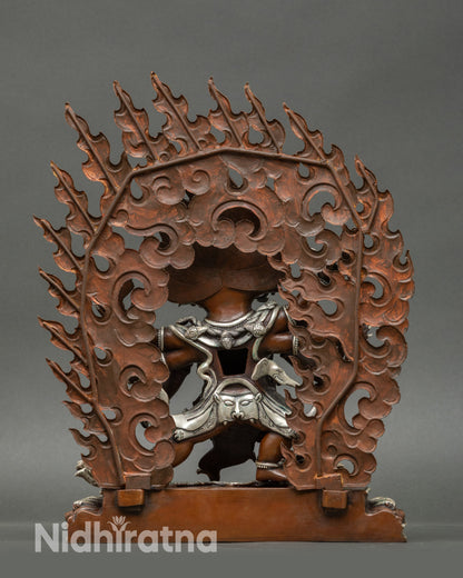 Back view of handcrafted Hayagriva Buddhist statue with oxidized copper and silver finish for meditation