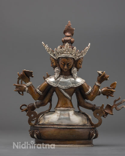 Back view of handcrafted Sitatapatra statue with intricate robe and lotus base carvings
