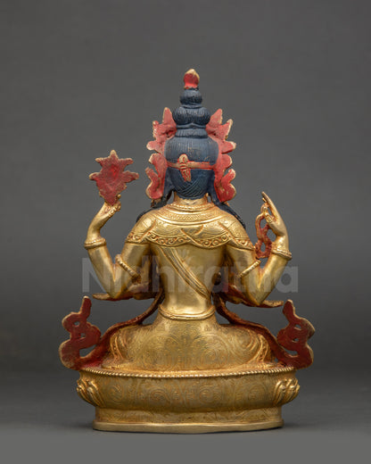 Back view of handcrafted Tibetan Chenrezig Buddha on lotus throne