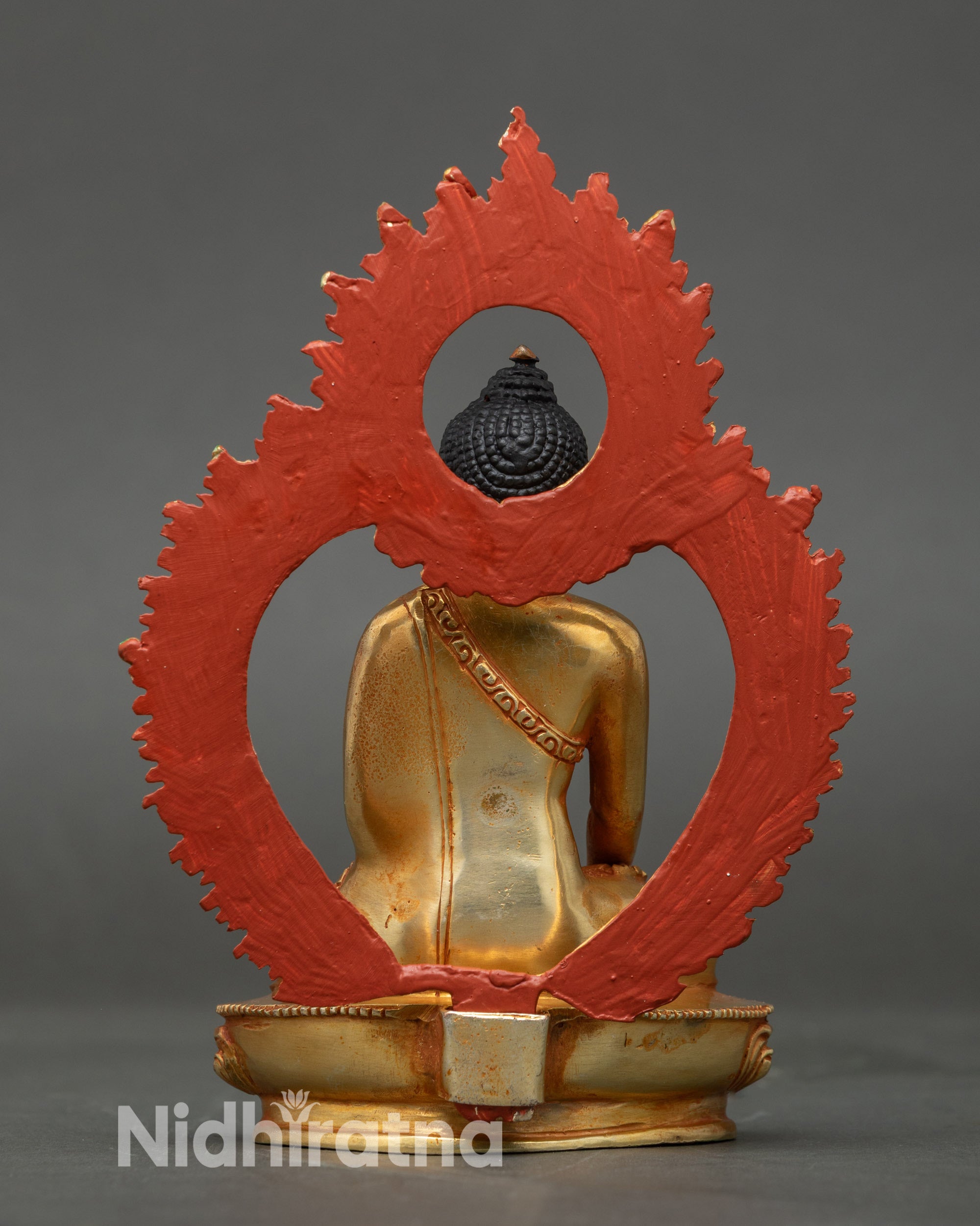 Back view of handcrafted lost-wax Shakyamuni Buddha copper statue Nepal