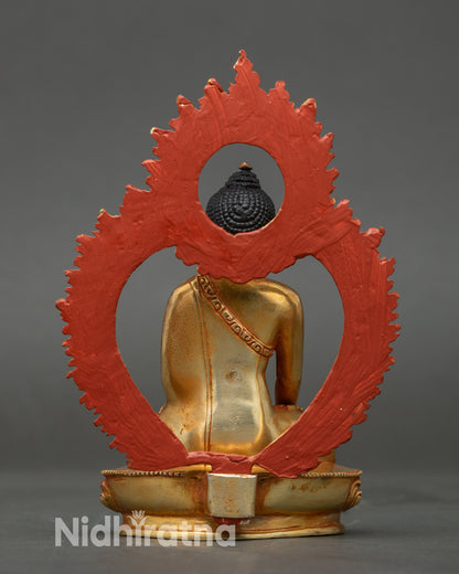 Back view of handcrafted lost-wax Shakyamuni Buddha copper statue Nepal