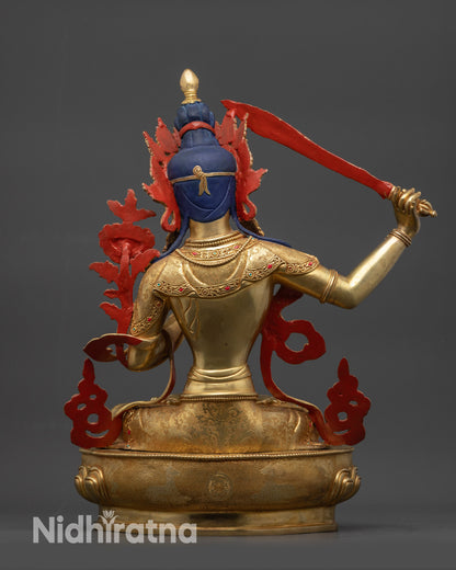 Back view of lotus seat with dharma wheel and pair of deer carvings on Manjushri statue