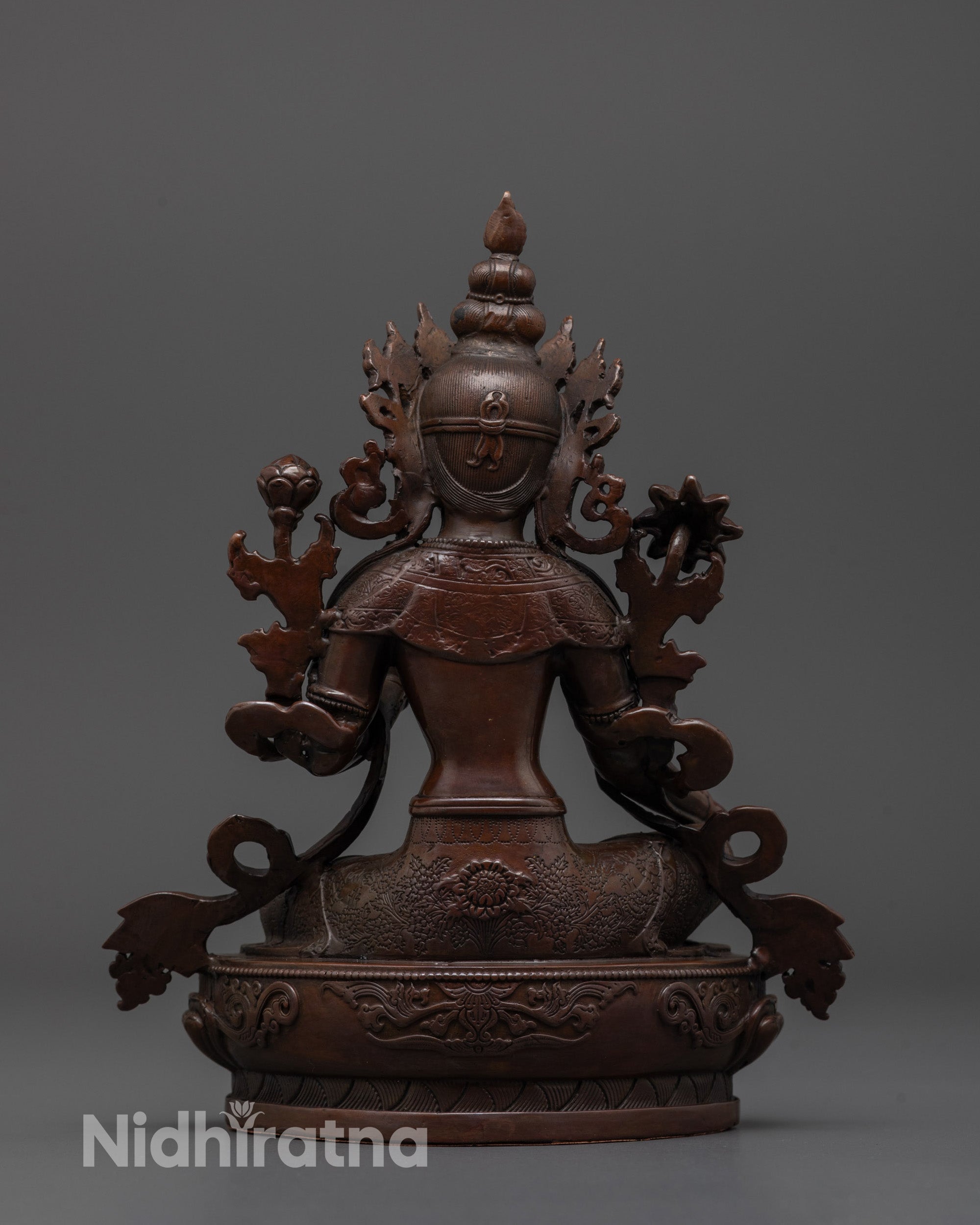 Back view of oxidized Green Tara statue highlighting smooth electroplated durable surface