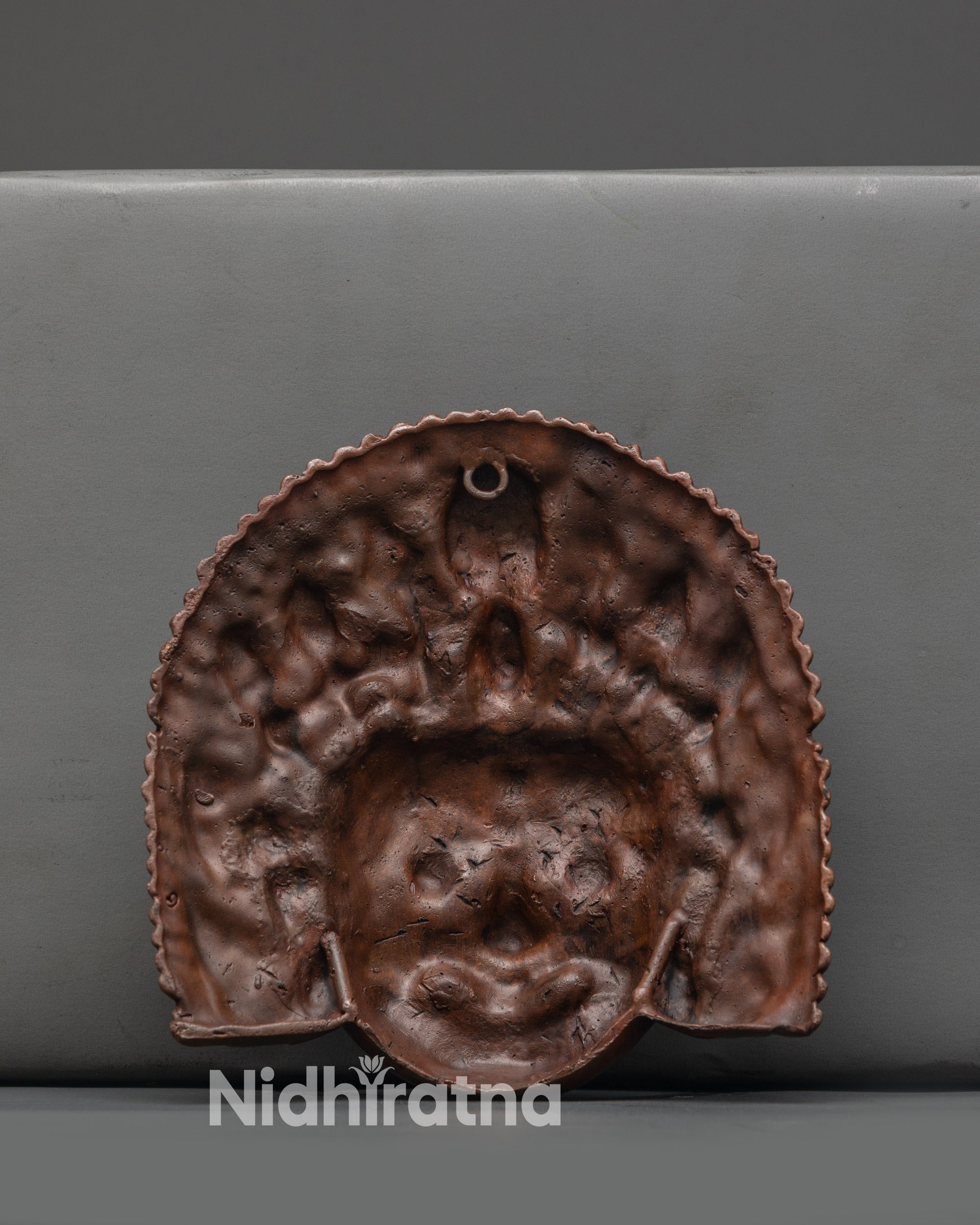 Back view of oxidized copper Bhairav Mask made by skilled Himalayan artisans 