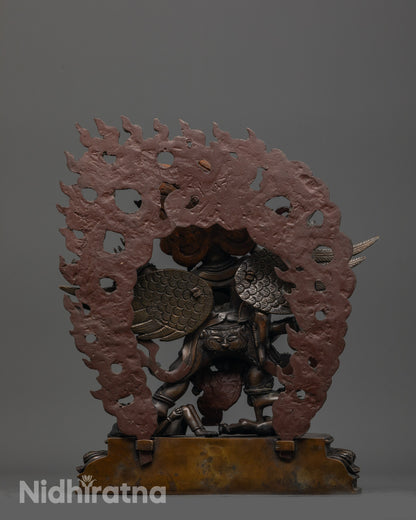 Back view of oxidized copper Hayagriva statue showing elaborate patterns