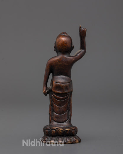 Back view of oxidized copper Little Buddha Sculpture highlighting aged patina and fine carvings