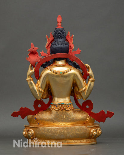 Back view of sacred Avalokiteshvara statue with carved robes and lotus throne detailing