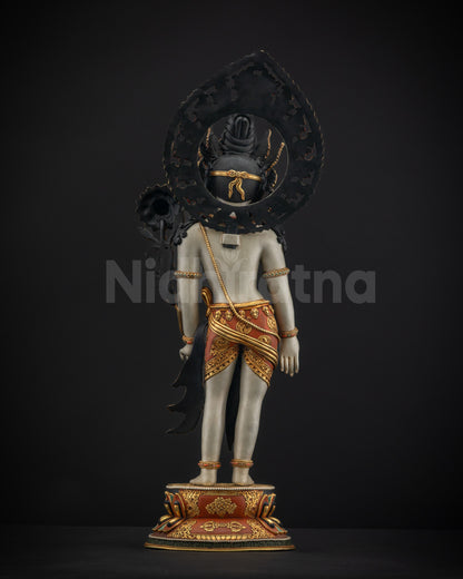 Back view of standing Padmapani showing an intricate hand-carved floral halo and lower garment