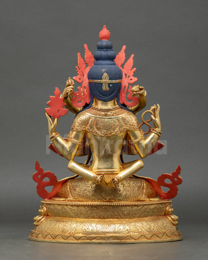 Back view of statue highlighting carved patterns and lotus pedestal