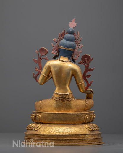 Back view of statue revealing intricate robe carvings and lotus throne design
