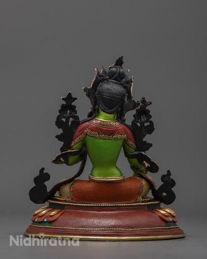 Back view of the Green Tara Statue showcasing the intricate robe carvings