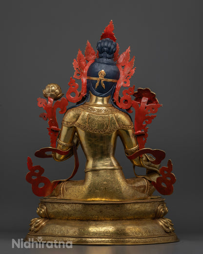 Back view of the Green Tara statue with detailed robes and lotus pedestal, traditional Newari Nepalese sculpture