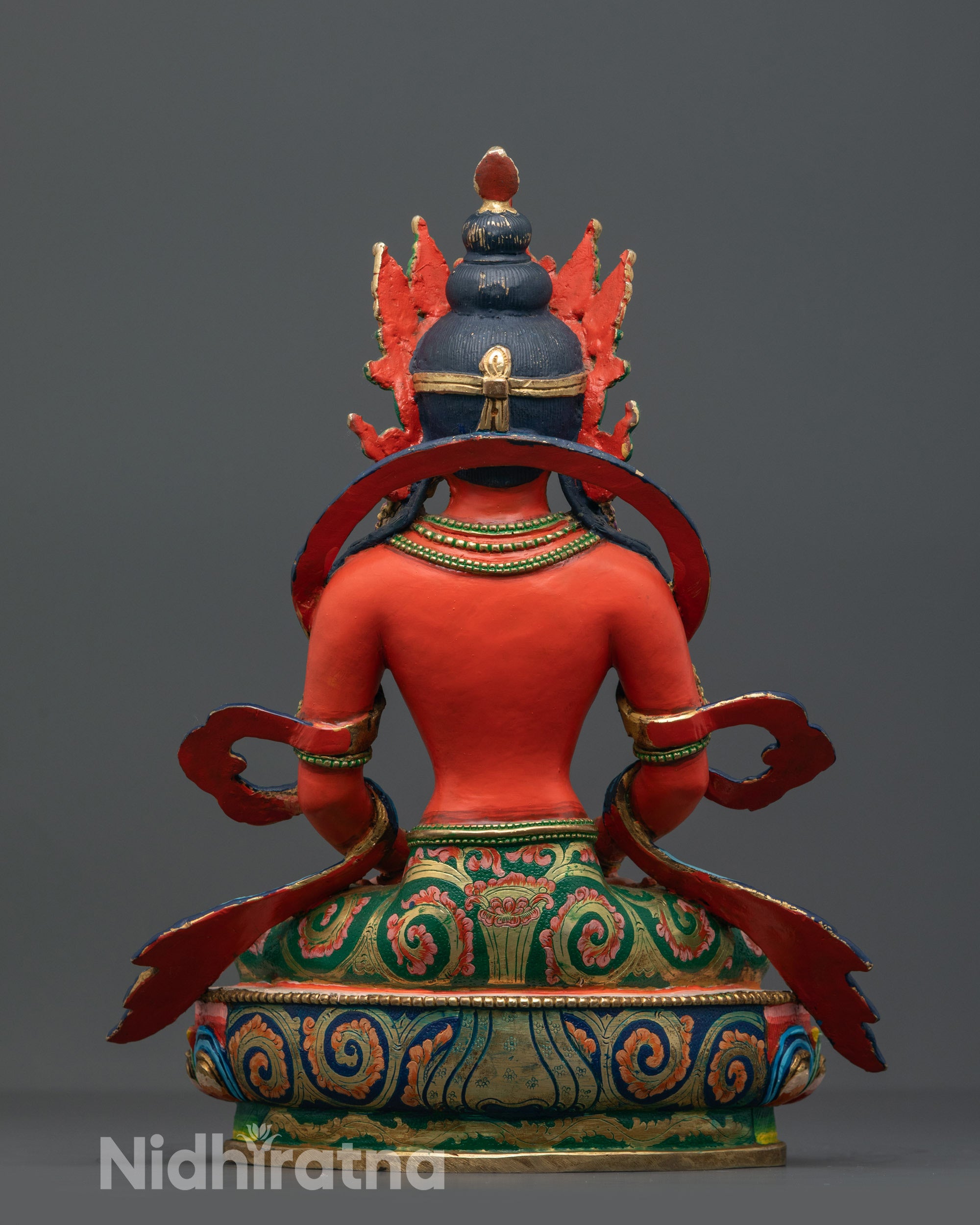 Back view of the Nepalese Amitayus statue showcasing the sacred artisanal craftsmanship.