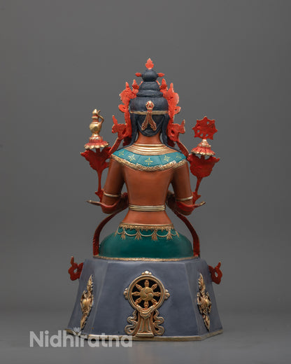 Back view of the Traditional Tibetan Maitreya Buddha Statue in radiant red color