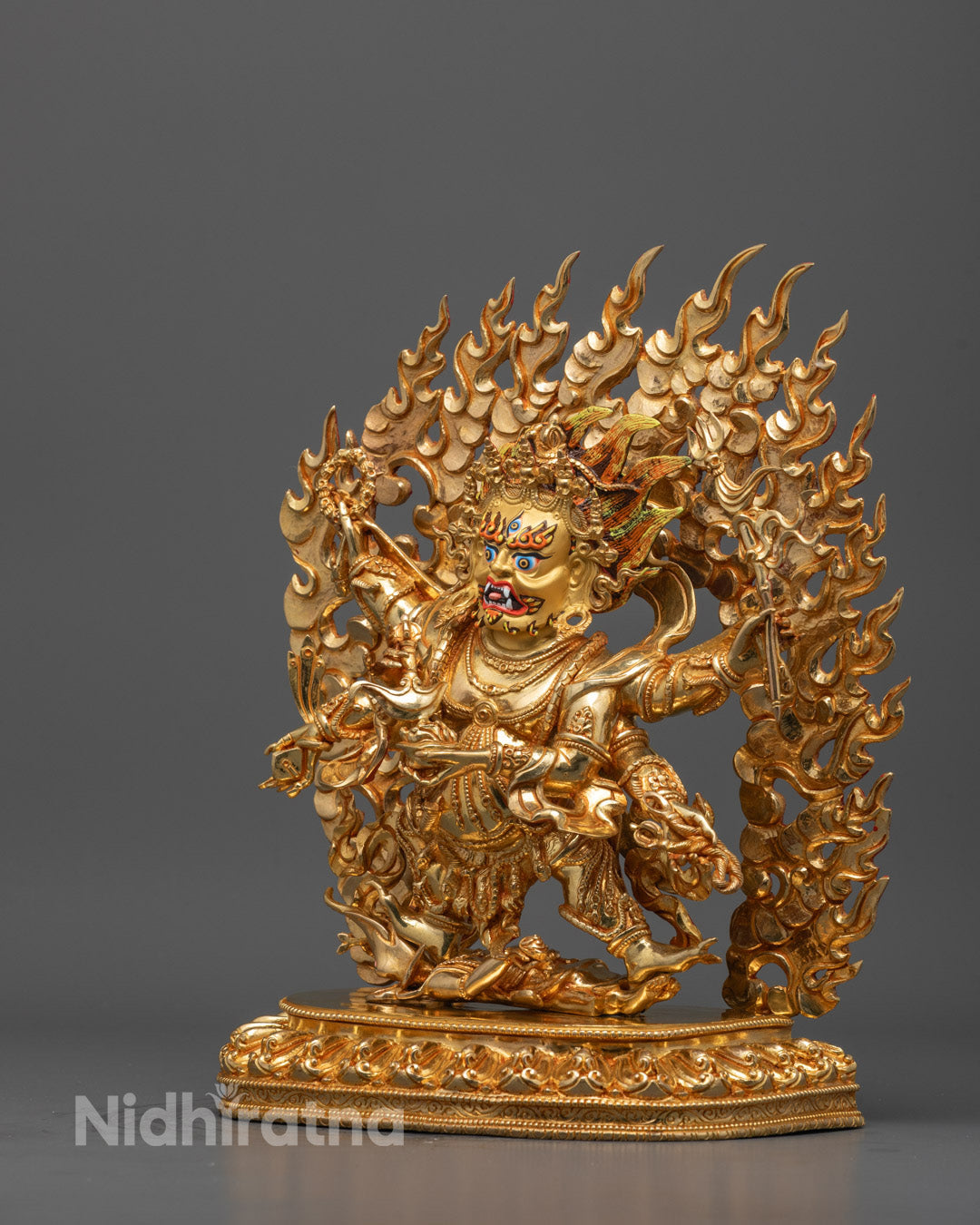 Back view of traditional Tibetan Six-Armed Mahakala Statue