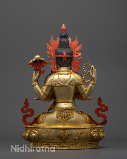 Back view of traditional copper Chenrezig Statue highlighting hollow consecration chamber