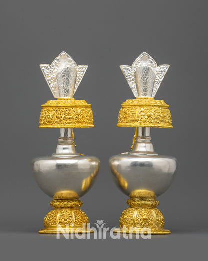 Back view ornamented lid with sacred mantras on Bhumba offering vase