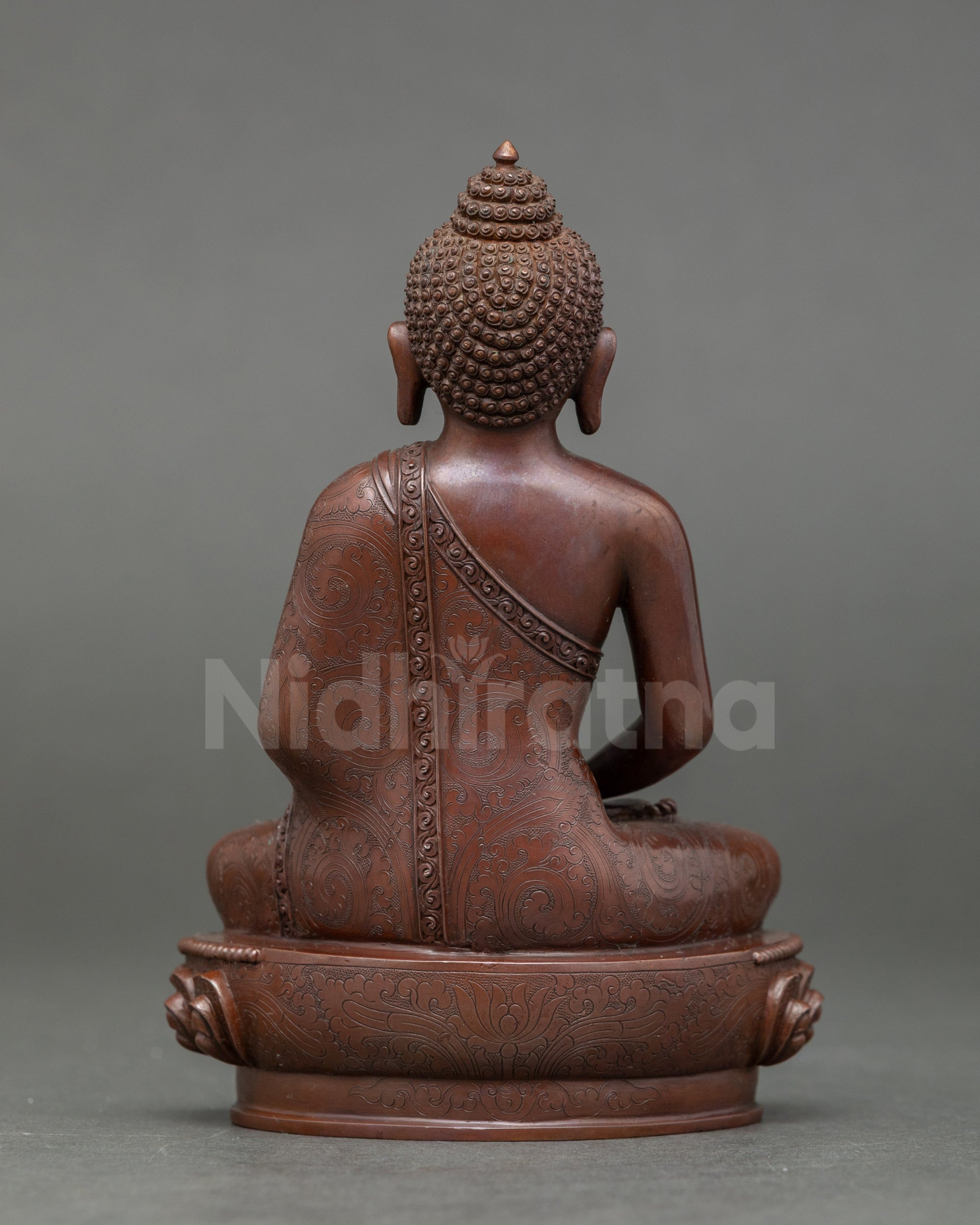Back view oxidized copper Amitabha Buddha statue, Pure Land Buddhist sculpture Nepal