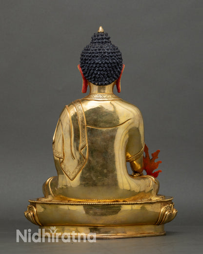 Back view pure gold Medicine Buddha statue, lotus base throne, Patan artisan craft