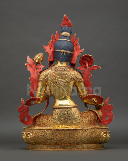 Back view revealing detailed carvings on copper and golden highlights