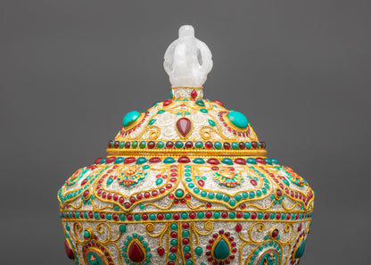 Back view rice pot crowned with crystal half vajra handle and gold turquoise finish